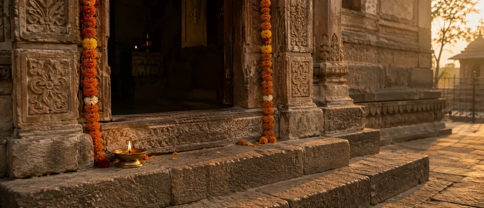 The carved sandstone threshold and worn steps of an old Shakti temple at dawn, a marigold garland on the doorframe and a lit diya on the step.