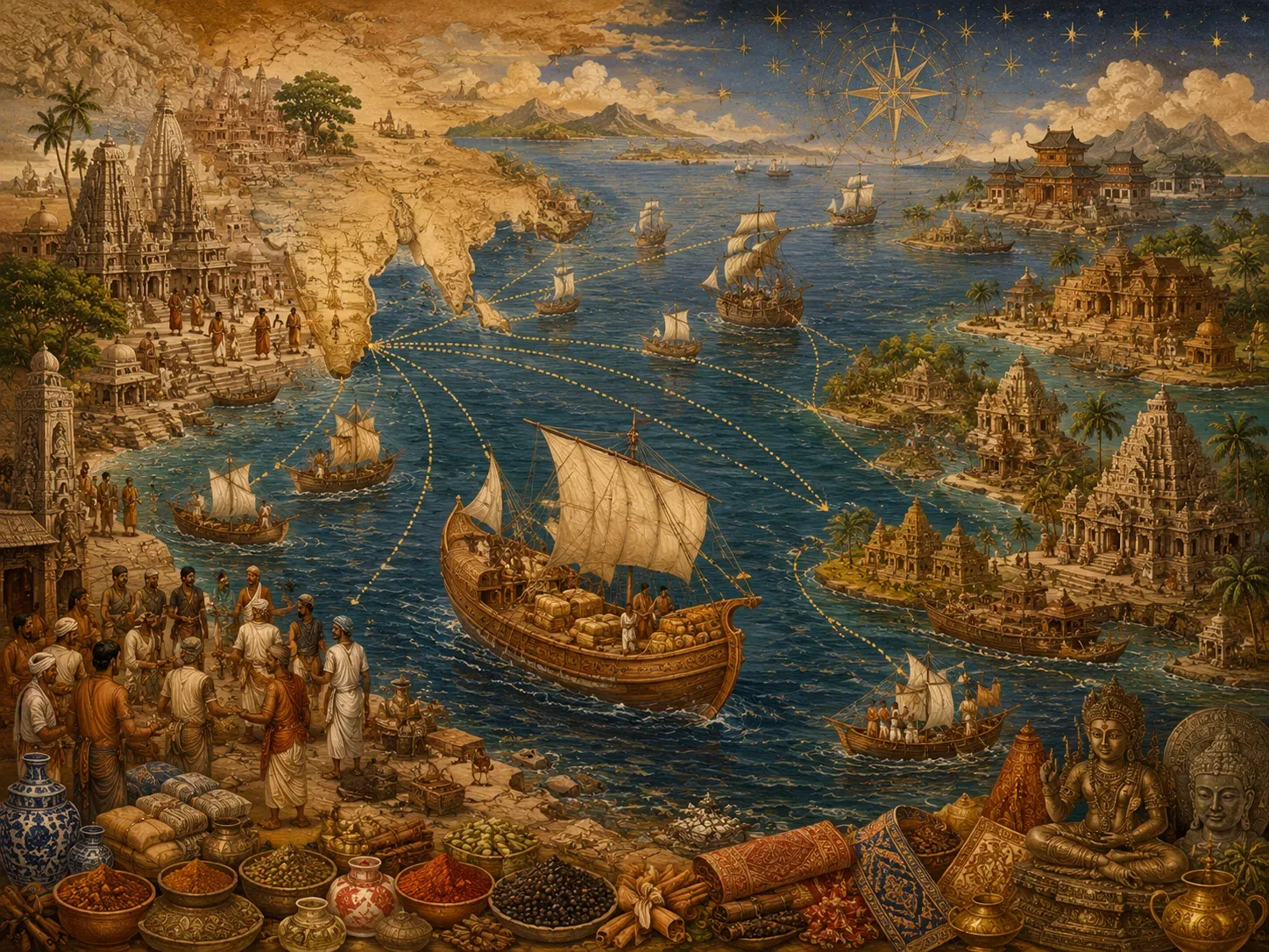 A painted maritime scene of Indic trade across the eastern ocean — laden ships, port towns, and gopuram-crowned temples linked by sea routes.
