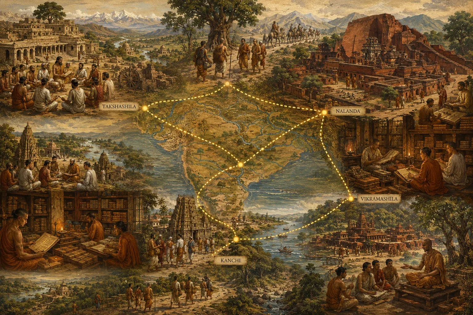 A painted vista of the ancient mahāvihāras — Takṣaśilā, Nālandā, Vikramaśilā, Kāñcī — with scholars at study, linked across the land by trade and learning routes.