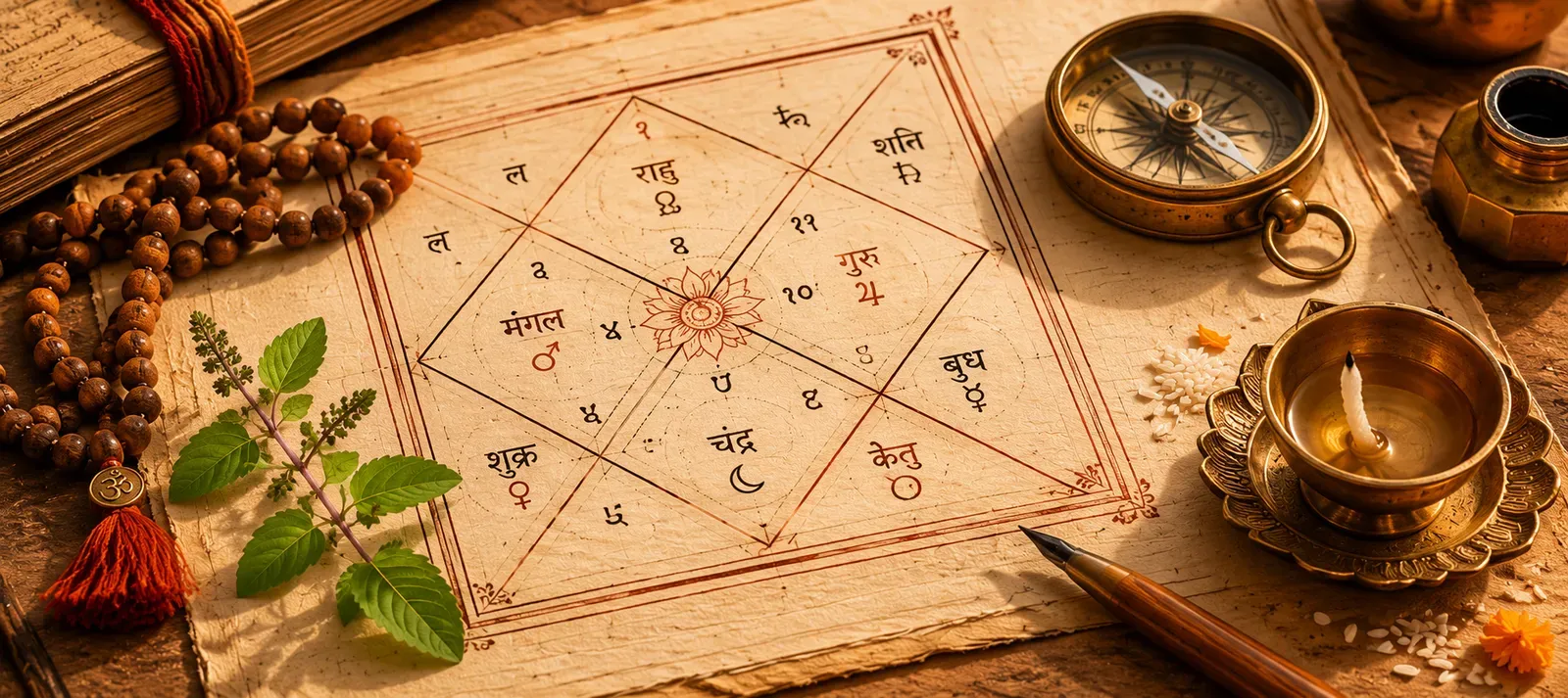 A hand-drawn kuṇḍalī chart in Devanagari on aged paper beside a tulsi mala, a brass compass, and a ghee diya.