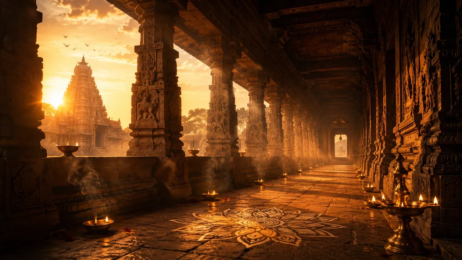 Oil lamps lit along a carved sandstone temple corridor at sunrise, a kolam drawn on the stone floor.