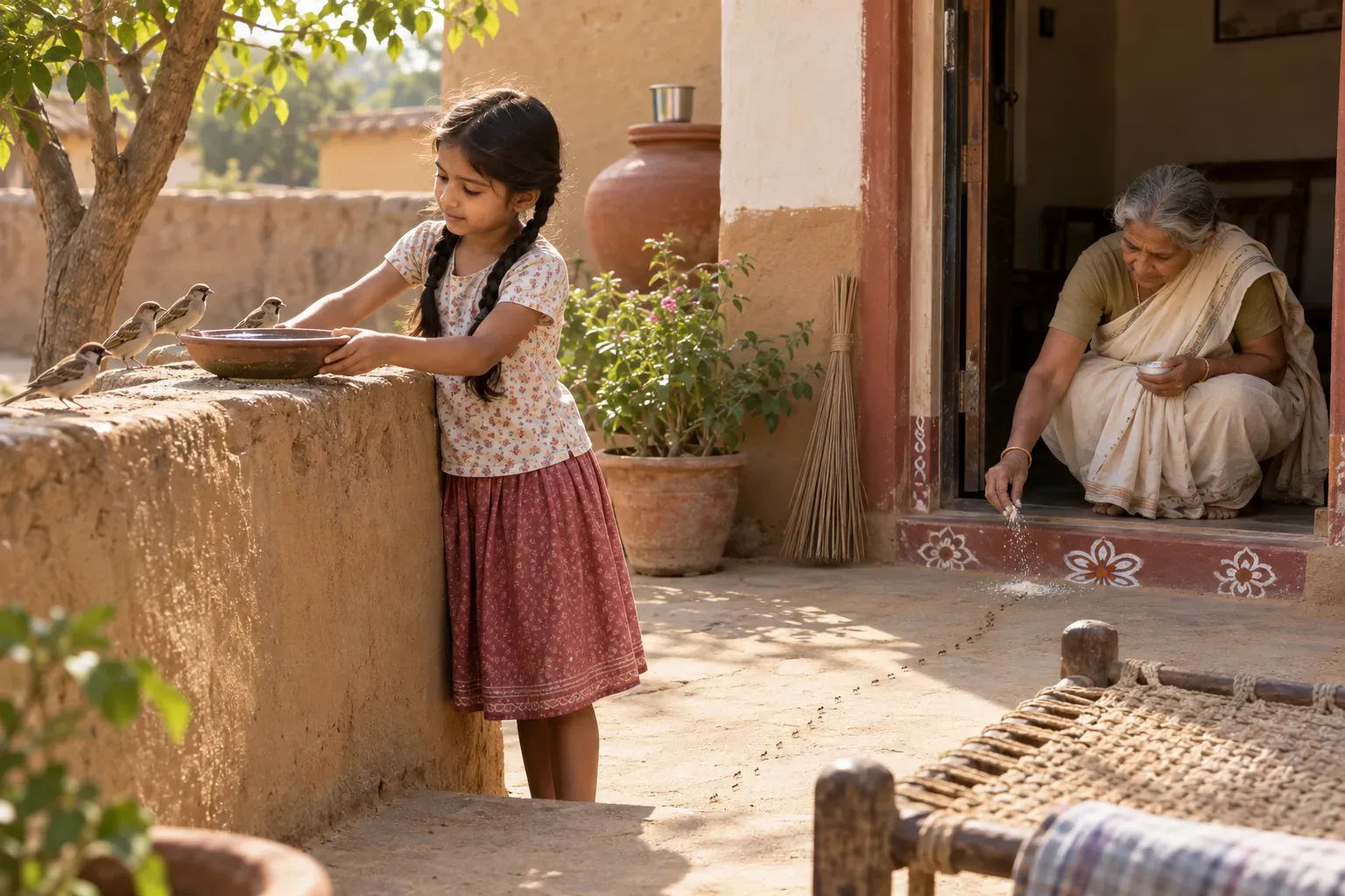 A young girl sets out a clay bowl of water for sparrows on a mud courtyard wall while her grandmother sprinkles flour for ants at the doorway.