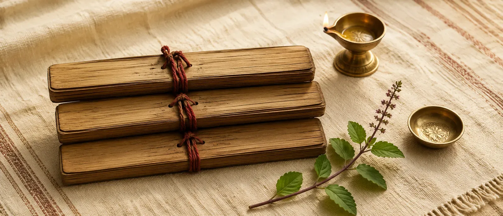 Three palm-leaf manuscript bundles tied with red thread, a small brass diya, and a sprig of tulsi on hand-loomed cream cotton.